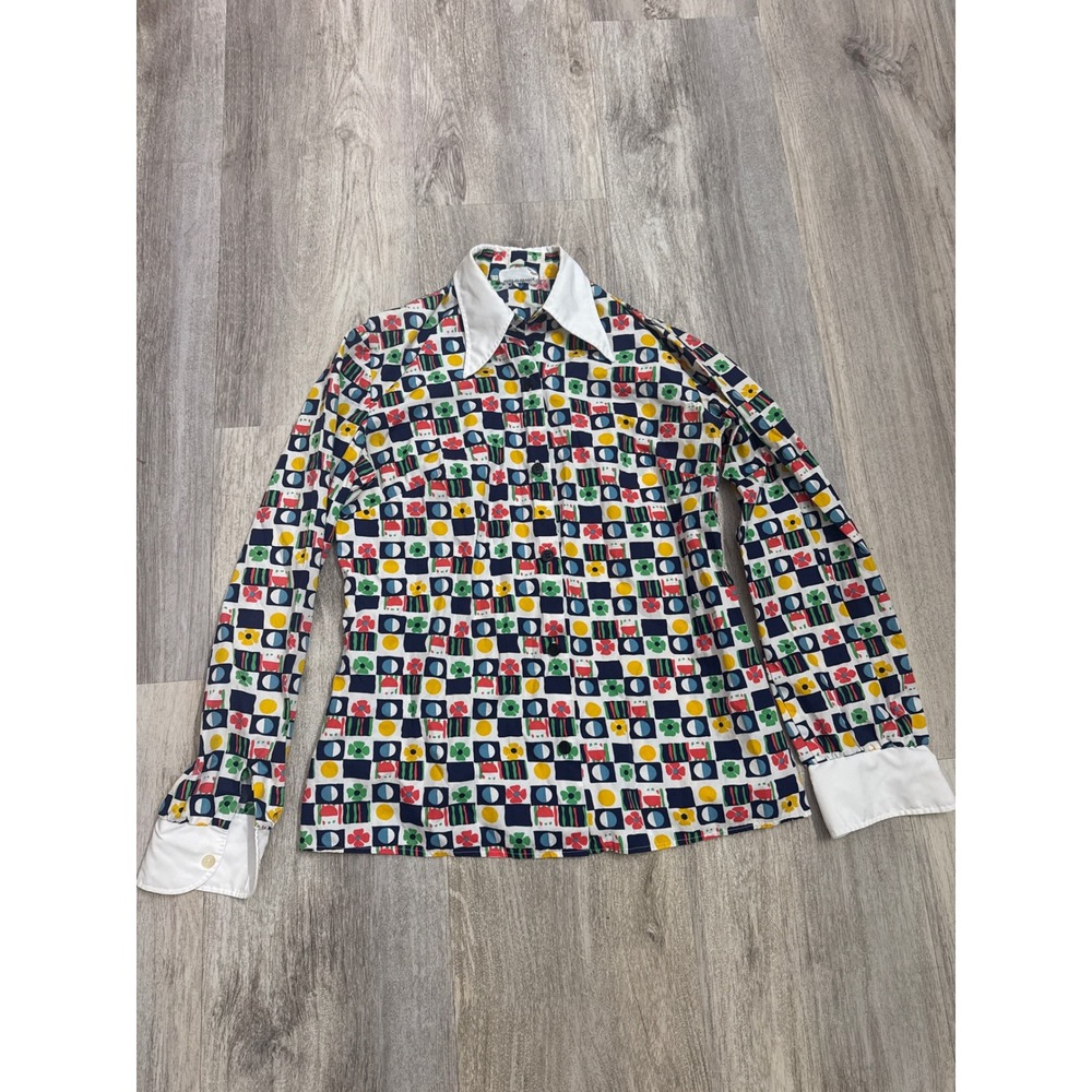 Vintage Georges Serre France Geometric Floral 70s Shirt Size 40 Small Pink Blue